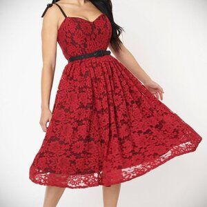 Unique Vintage Plus Size Burgundy & Black Lace Dita Swing Dress - 1X/16